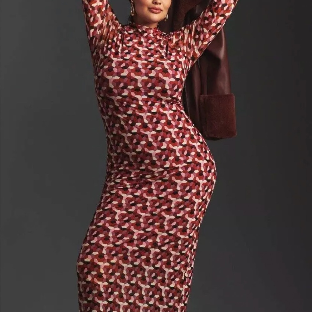 NWT Anthropologie Size 2X Mock Neck Rose Print Slim Midi Dress NEW